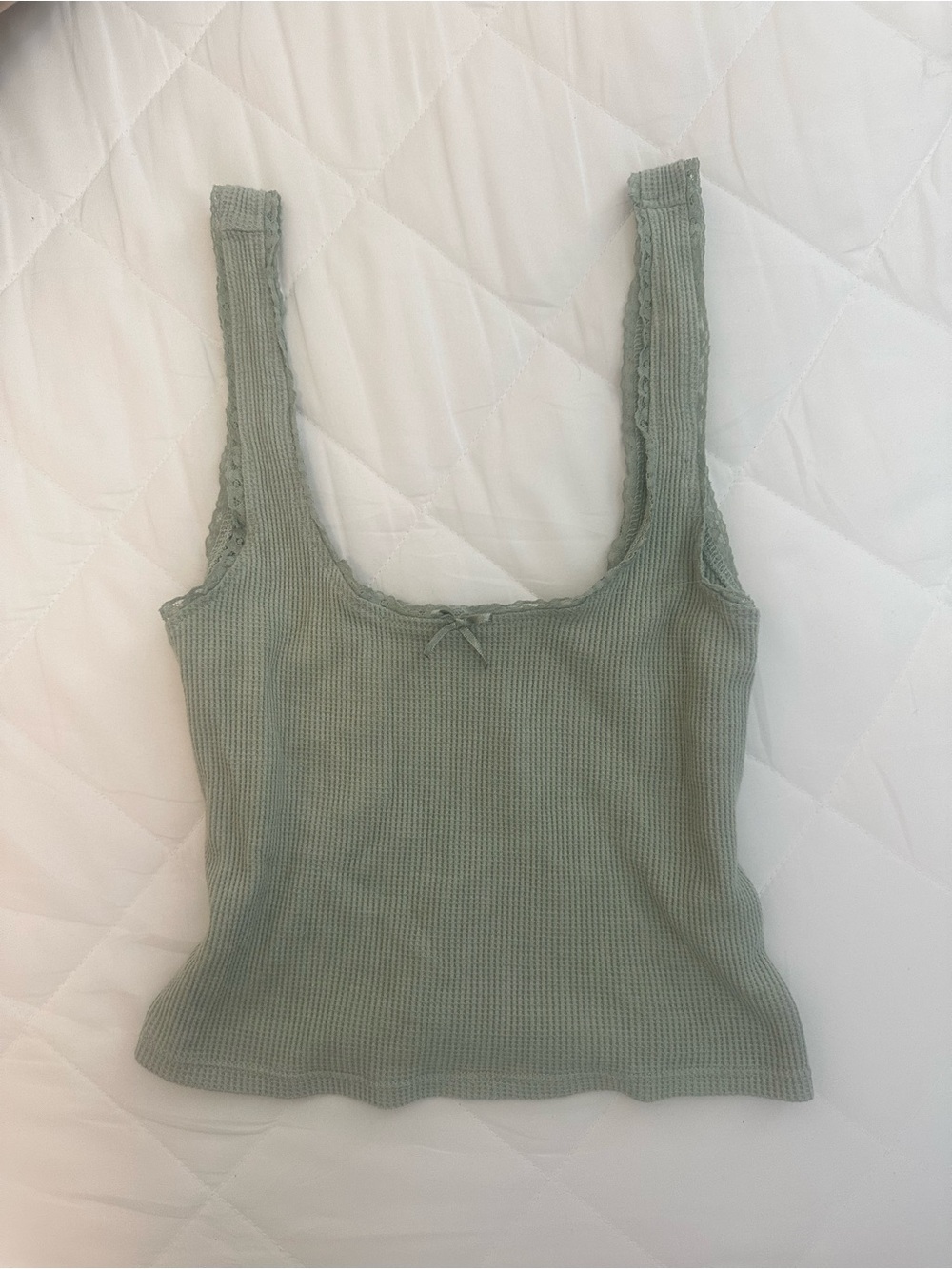 PacSun green ribbed tank top with lace trim and bow detail